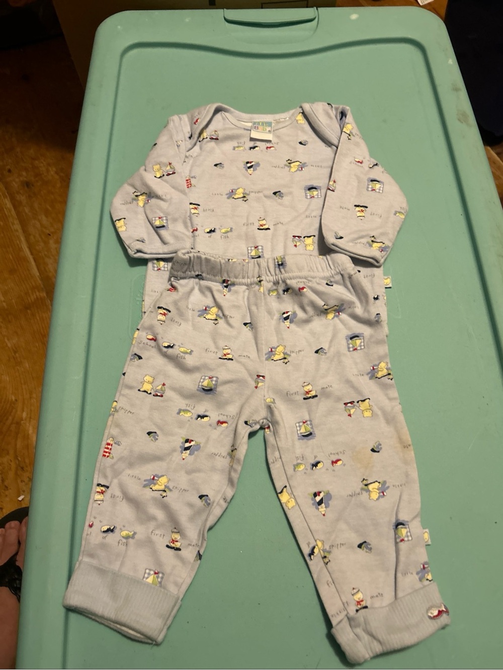 McBaby baby blue cotton  Matching Bodysuit & Pant Set with nautical Print fish